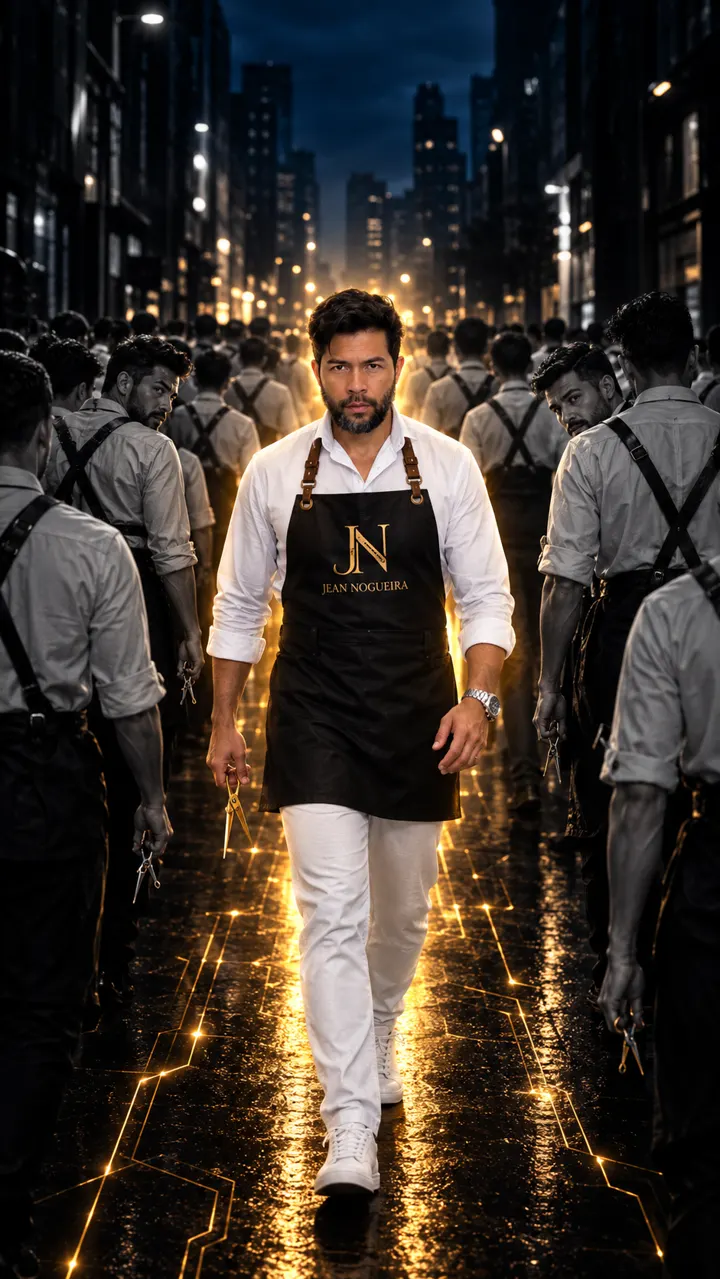 Jean Nogueira de avental preto com a marca JN andando numa rua à noite, com barbeiros em preto e branco ao redor