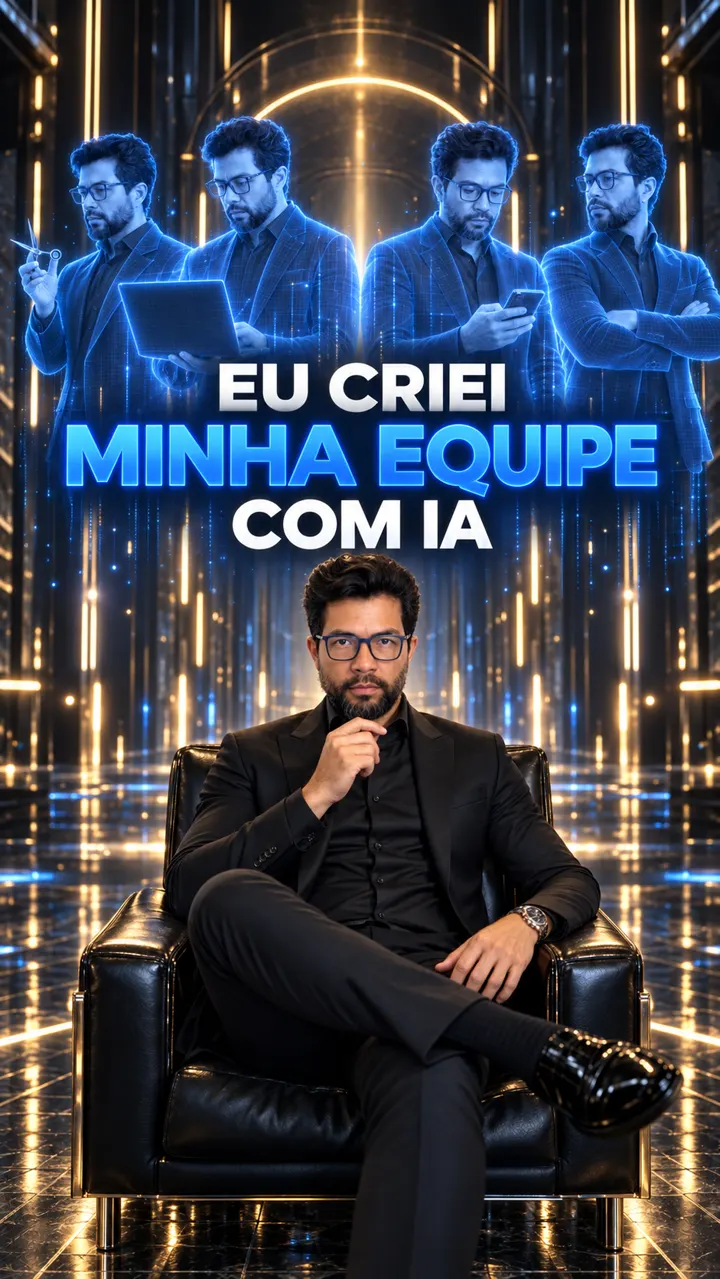 Jean Nogueira de óculos, terno preto, sentado numa poltrona de couro; atrás dele, quatro versões dele em holograma azul (com tesoura, notebook e celular) e o texto 'Eu criei minha equipe com IA'