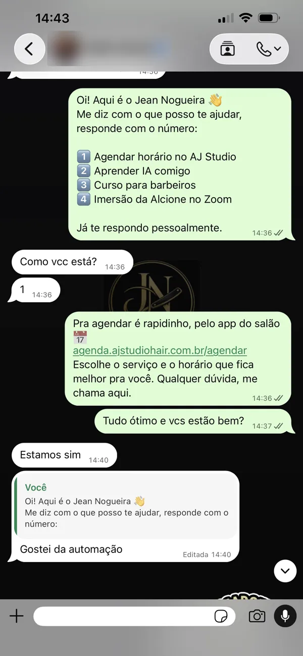 Print do WhatsApp do Jean: mensagem automática com menu de opções e link do app de agendamento