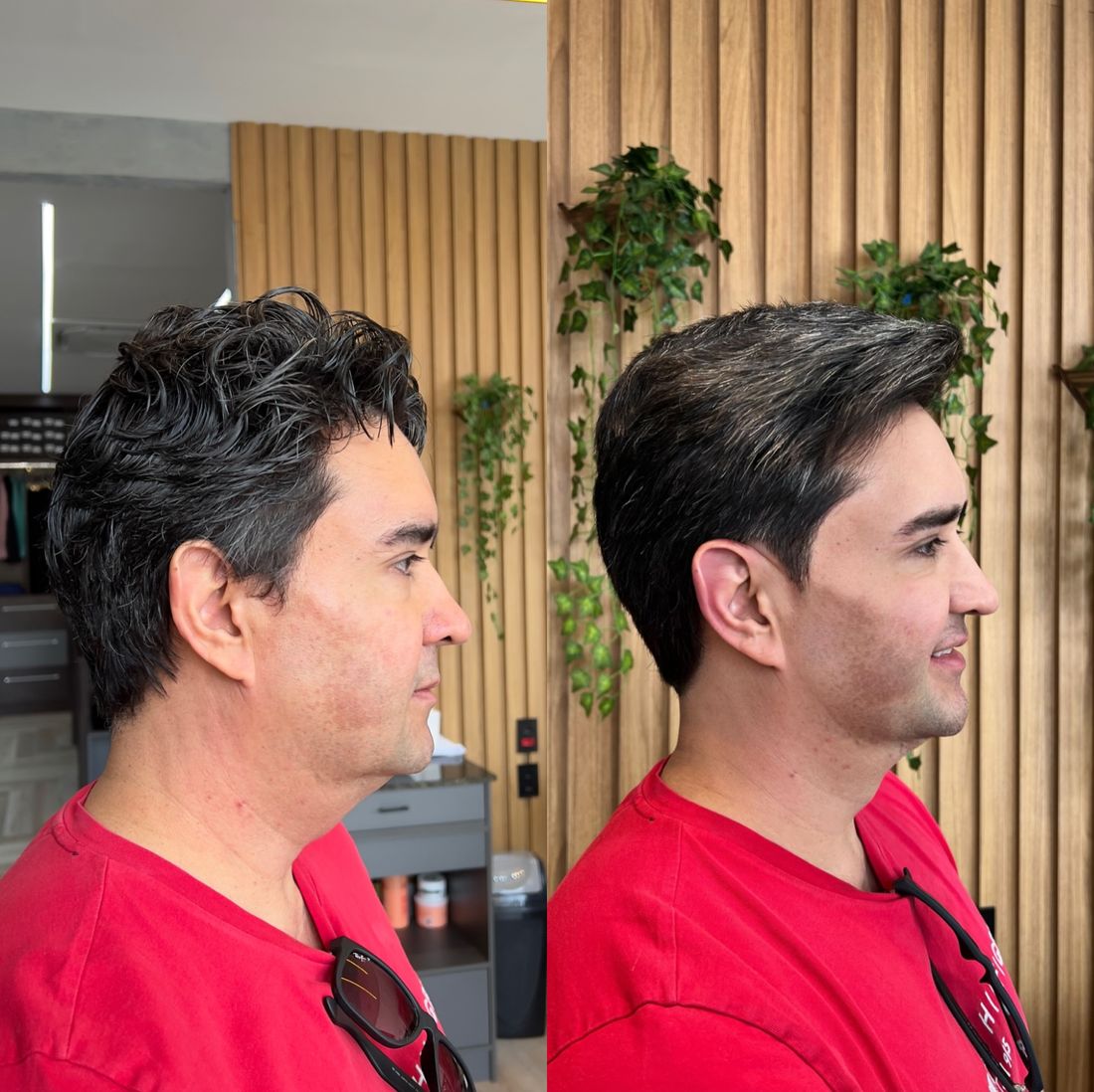 Antes e depois de corte com leitura visagista